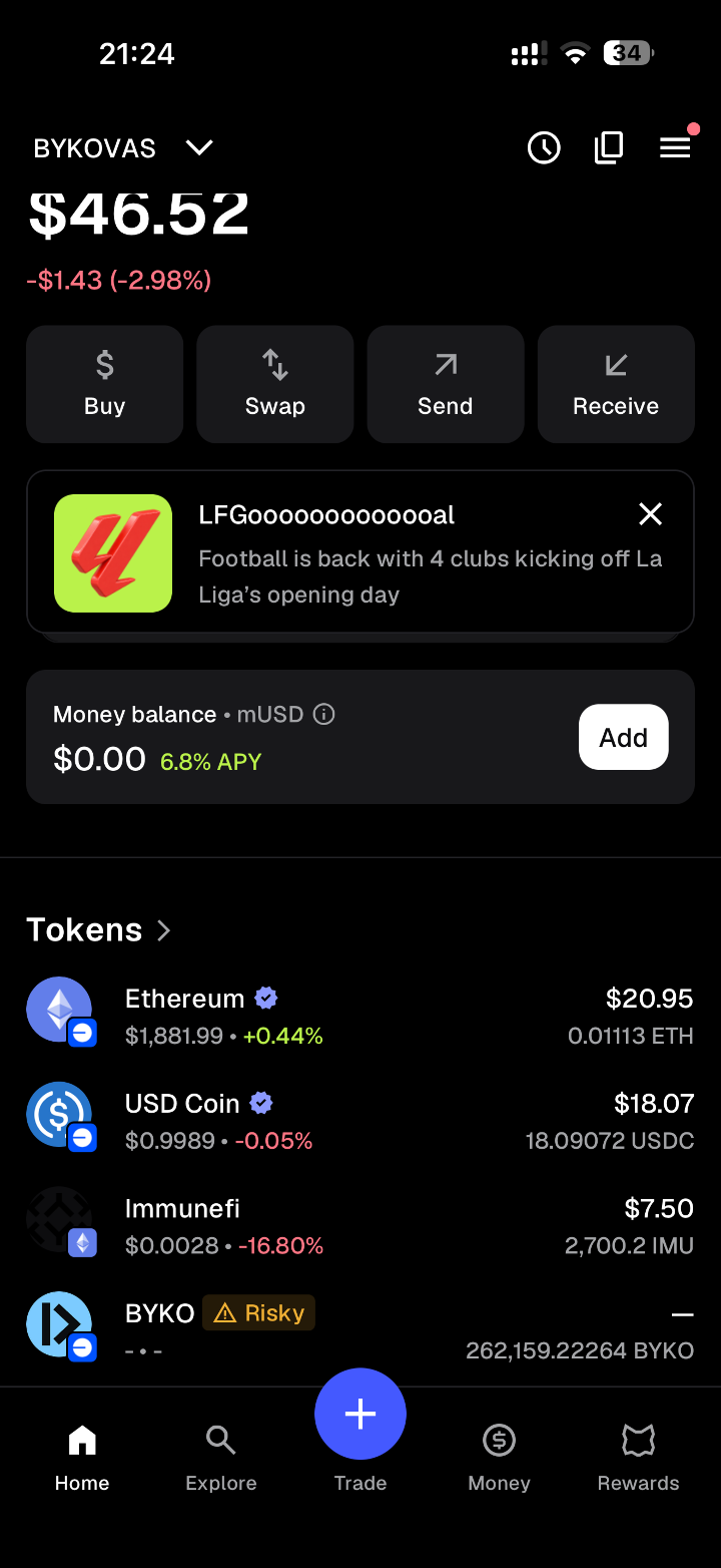 MetaMask, account BYKOVAS: BYKO is flagged Risky and its 262,159.22 tokens are shown with no price and no value