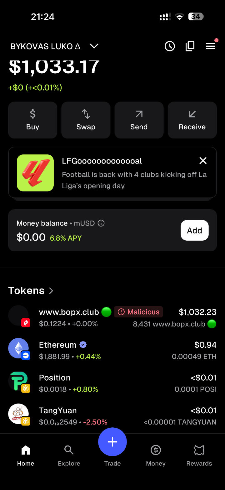 MetaMask, account BYKOVAS LUKO: www.bopx.club is flagged Malicious and still counted as $1,032.23 of a $1,033.17 balance